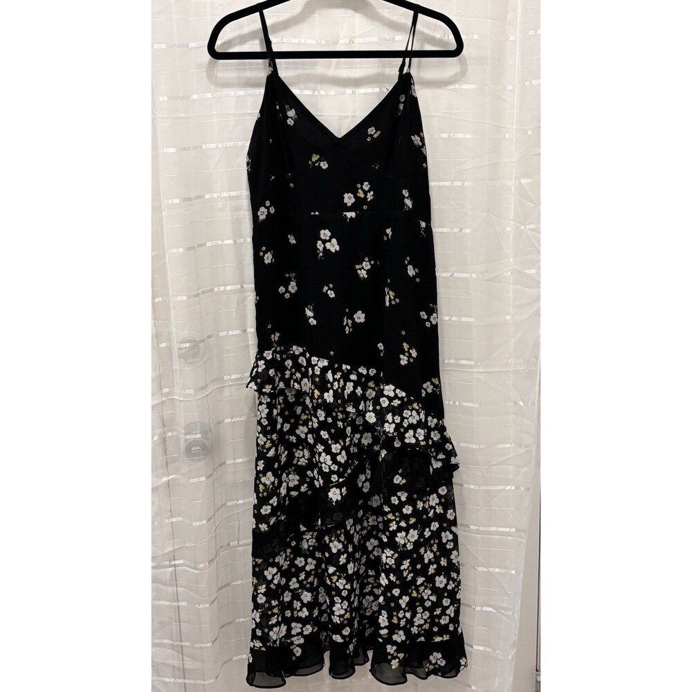 Bardot Black Floral Ruffle‎ Tiered Midi Dress Spaghetti Strap V-Neck Size 10/L